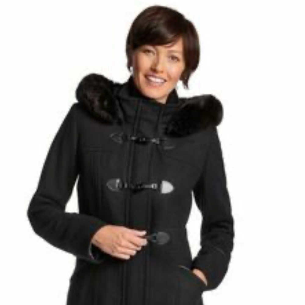 Ellen Tracy Women's Black Toggle Coat with 100% Fox Fir Fur Hood Size S